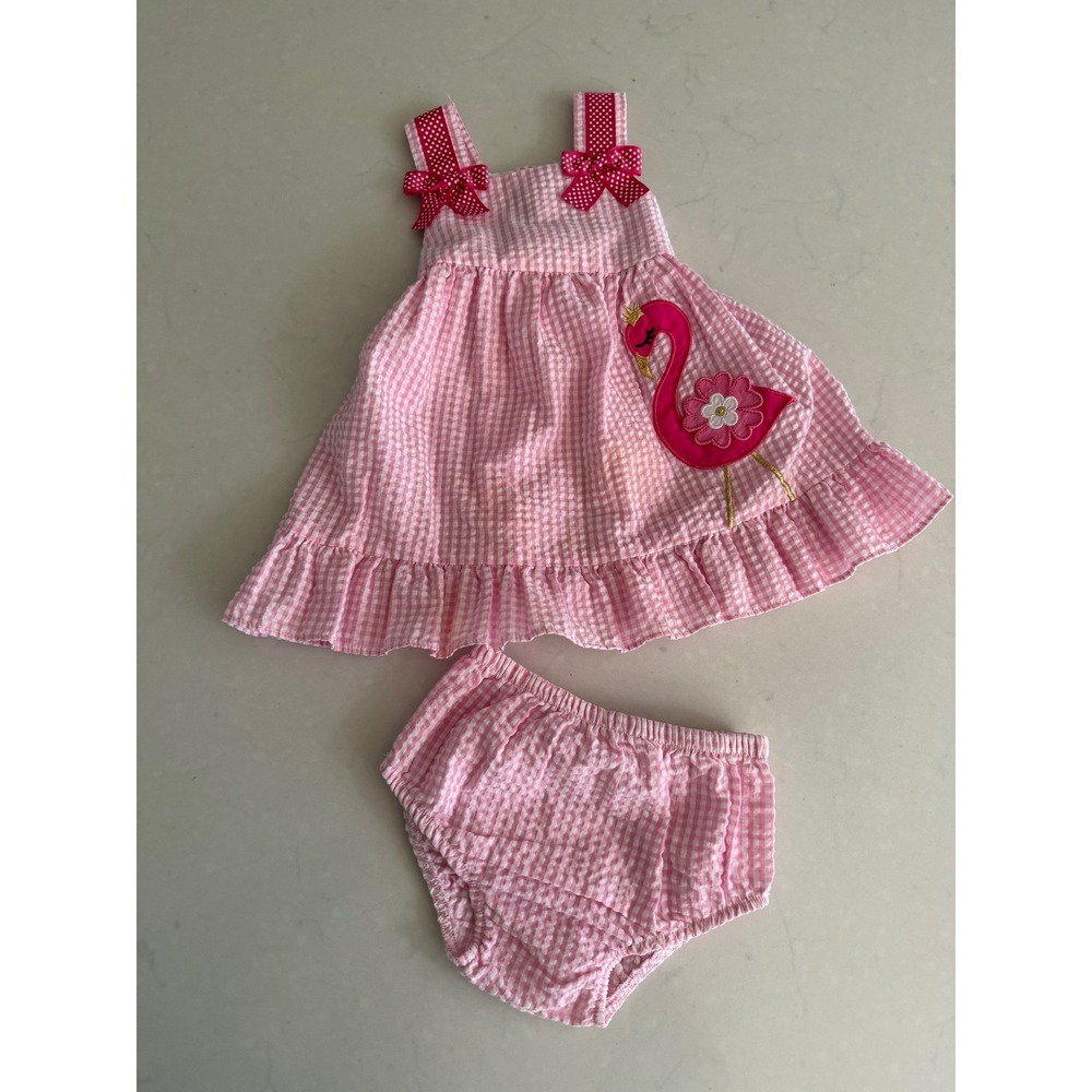 Counting Daisies Pink Gingham Flamingo Dress Bloomers Set 12M S912102